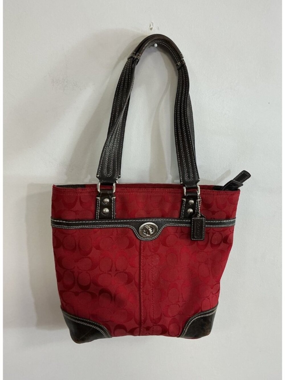 Vintage Coach Red Signature Tote Bag Leather Trim y2k Purse